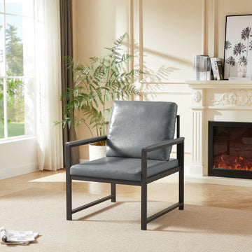PVC Artificial Leather Armchair, Retro Leisure Accent Chair With Extra Soft Padded Cushion, Metal Armrests, Modern Reading Arm Chair With Black Metal Frame For Living RoomOfficeBedroomStudy, Gray
