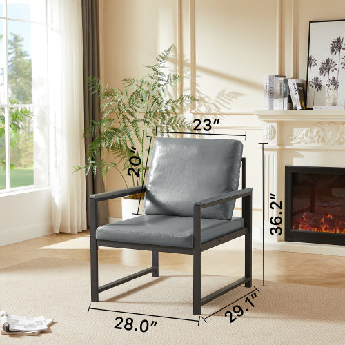 PVC Artificial Leather Armchair, Retro Leisure Accent Chair With Extra Soft Padded Cushion, Metal Armrests, Modern Reading Arm Chair With Black Metal Frame For Living RoomOfficeBedroomStudy, Gray