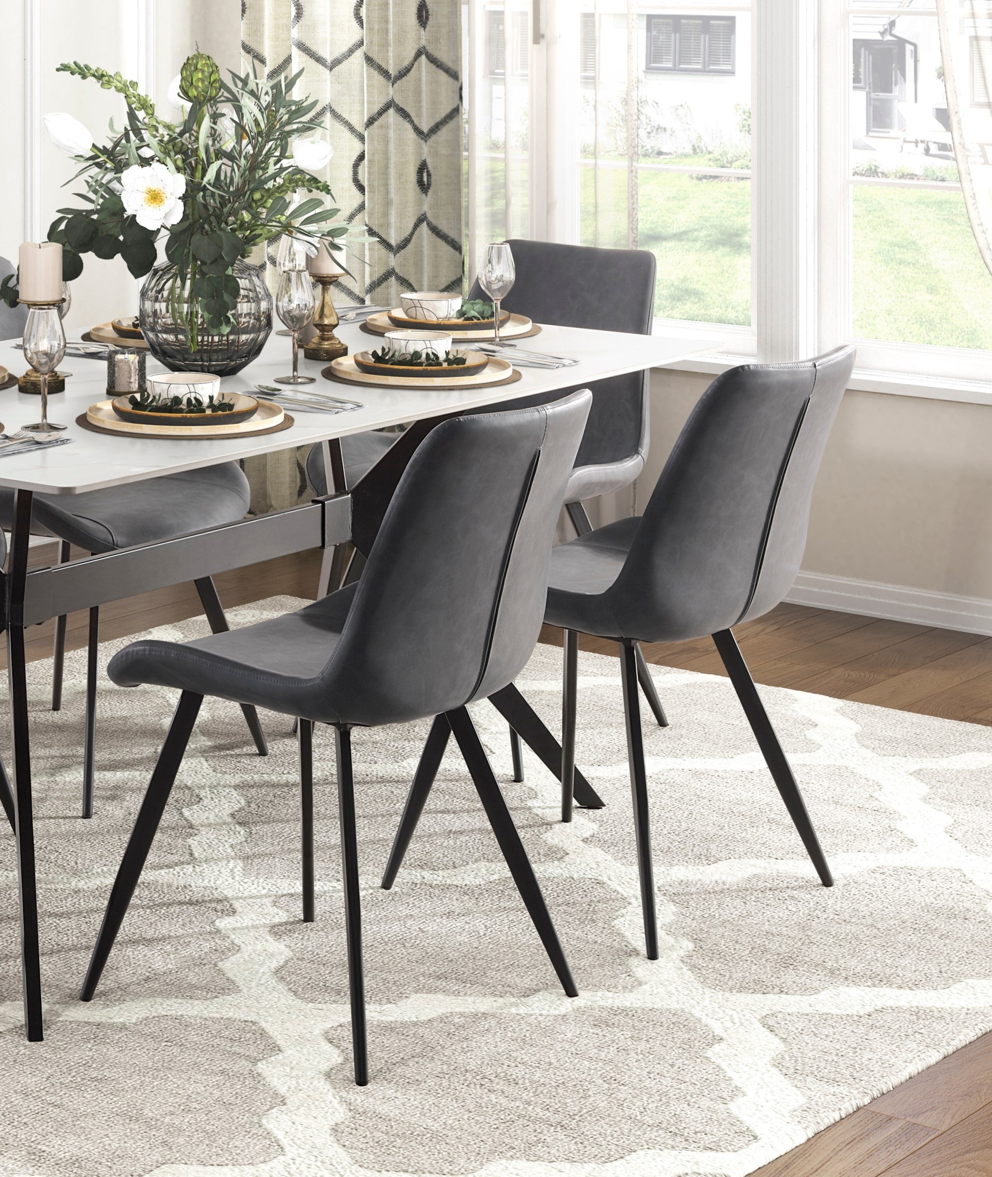 Modern Design Dining Chairs 2pc Set Gray Faux Leather Upholstery Black Metal Legs Kitchen Dining Furniture