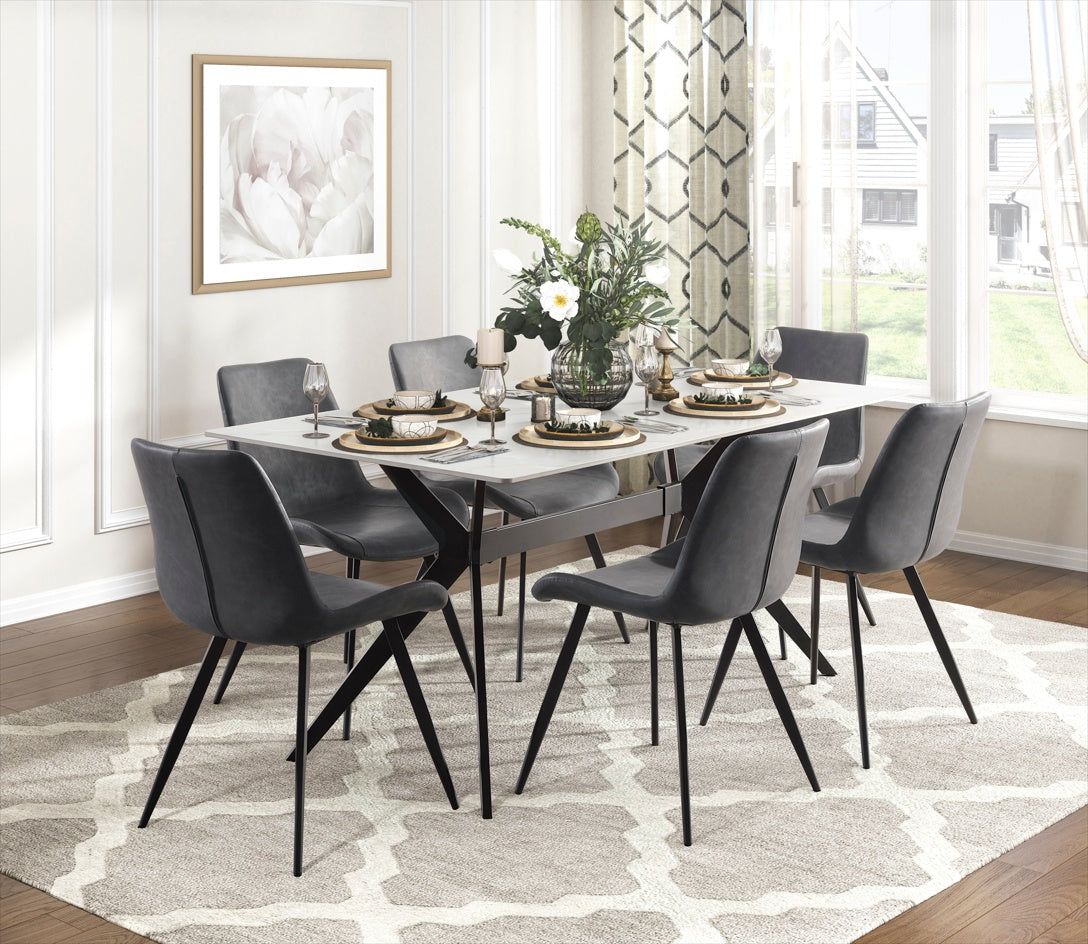 Modern Design Dining Chairs 2pc Set Gray Faux Leather Upholstery Black Metal Legs Kitchen Dining Furniture