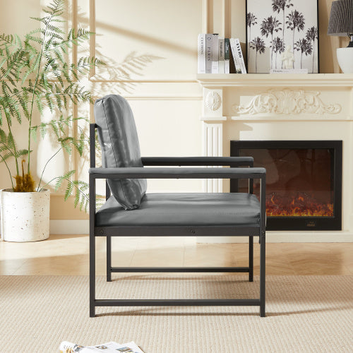 PVC Artificial Leather Armchair, Retro Leisure Accent Chair With Extra Soft Padded Cushion, Metal Armrests, Modern Reading Arm Chair With Black Metal Frame For Living RoomOfficeBedroomStudy, Gray